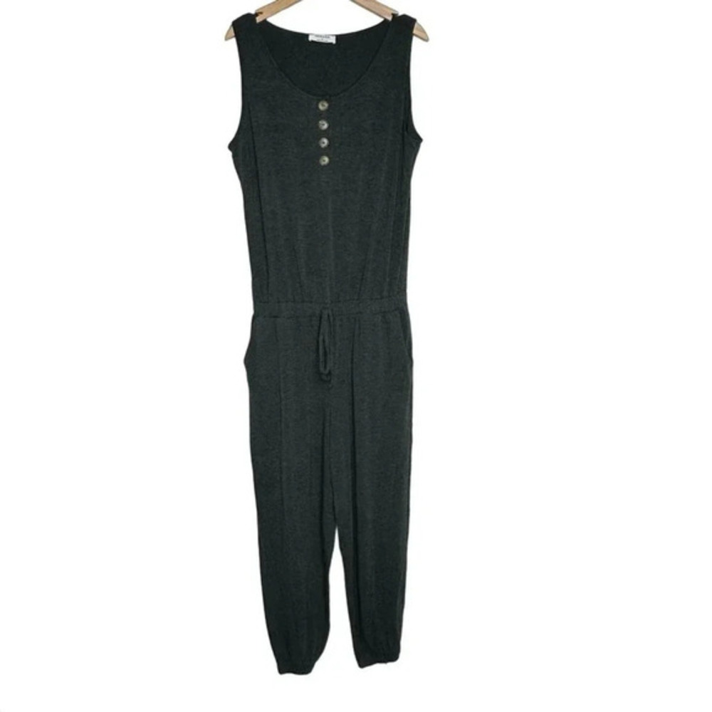 Zenana Jumpsuit L Dark Gray Sleeveless Button Front Drawstring Jogger‎ RP-3155AB